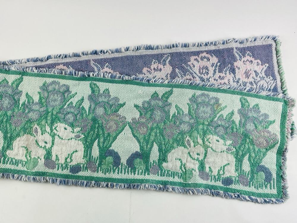 Bunnies Tulips Tapestry Folk Art Table Runner Easter Woven Spring Purple Green P